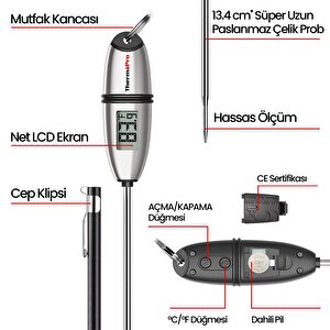 Thermopro Tp02s Lcd Ekranlı Daldırma Saplama Çelik Gövdeli Gıda Pişirme Termometresi
