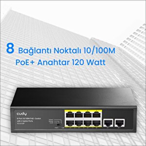 Cudy Fs1010p 8 Port 10/100mbps 120w Poe+, 2 Uplink Portlu Vlan Cctv Rack Mount Metal Switch