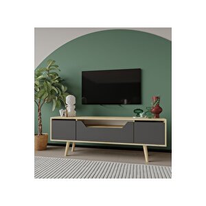 Roma Ahşap Ayaklı Tv Ünitesi Tv Sehpası Safir Meşe - Antrasit 150 Cm