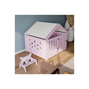 Modern Köpek Kulübesi Küçük Boy Kovboy Model, El Yapımı, Birinci Sınıf Ahşap, Hediye Mama Kabı Pembe