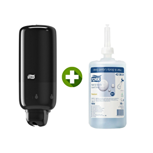 1 Ad. Tork Sıvı Sabun Dispenseri Siyah 560008 + 1 Litre Tork Sıvı Sabun Premium Hediyeli
