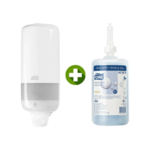 1 Ad. Tork Sıvı Sabun Dispenseri Beyaz 560000 + 1 Litre Tork Sıvı Sabun Premium Hediyeli