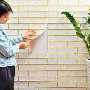 70x70cm 1 Adet Kendinden Yapışkanlı Gold Çizgili Altın Beyaz Tuğla Desen Duvar Kağıdı Paneli Nw176