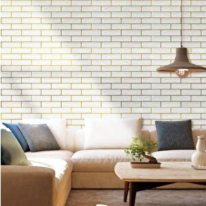 70x70cm 1 Adet Kendinden Yapışkanlı Gold Çizgili Altın Beyaz Tuğla Desen Duvar Kağıdı Paneli Nw176