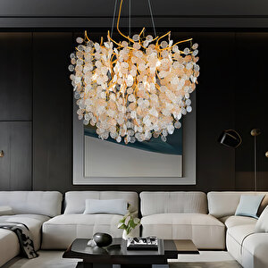 Masal 60'lık Yuvarlak Gold Kristal Taşlı Modern, Oturma Odası, Salon Avize
