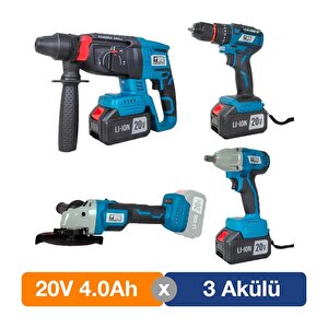 1380 Kömürsüz 20v 4.0ah 3 Akülü 4’lü Set - Kırıcı Delici - Avuç Taşlama - Darbeli Vidalama - Somun Sıkma