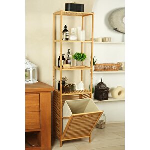 Bambu Kirli Sepetli 4 Raflı Çok Amaçlı Banyo Düzenleyici Çamaşır Sepeti Organizer Db-0009