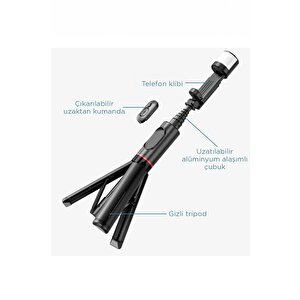 Torima Q12s Siyah Uzaktan Kumandalı Kablosuz Led Işıklı Selfie Çubuğu Tripod