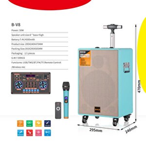 Torima B-v8 Mikrofonlu Kumandalı Taşınabilir Tekerlekli Bluetooth Hoparlör Mavi