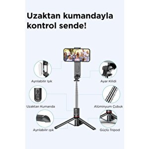 L15 Siyah Led Işıklı Selfie Çubuğu Kablosuz Tripot Selfie Monopod Selfie Stick