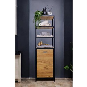 Metal Kirli Sepetli 4 Raflı Çok Amaçlı Banyo Düzenleyici Raf Organizer Siyah/atlantik Çam – Mrs-009 c1-1-369