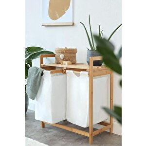 Bambu 2 Bölmeli Kirli Sepetli Çamaşır Sepeti Raflı Banyo Düzenleyici Db-0007