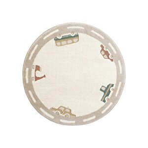 Klein 01 Renkli Yuvarlak Çocuk Halısı Taşıt Figürlü Bebek Halısı Kalın Çocuk Odası Halısı 120x120 cm