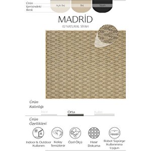 Madrid Natural Siyah Mutfak Halısı Jüt Hasır Dokulu Balkon Ofis Halısı Outdoor Halı 200x250 cm