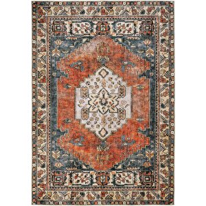 Private Kiremit Etnik Desenli Şönil Halı Yıkanabilir Eskitme Vintage Göbekli Salon Halısı 75x300 cm