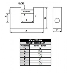Kale Kd001/50-160 60 Mm Prinç Kayar Milli Pimli Saten Asma Kilit