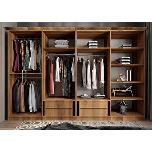 Foster Membran 8 Kapaklı 4 Çekmeceli Dolap Gardırop Montaj Dahil - Ceviz Beyaz 280 Cm
