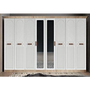 Falcon Membran 8 Kapaklı 4 Çekmeceli Dolap Gardırop Montaj Dahil - Meşe Beyaz 280 Cm