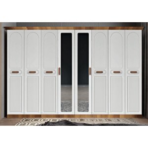 Falcon Membran 8 Kapaklı 4 Çekmeceli Dolap Gardırop Montaj Dahil - Ceviz Beyaz 320 Cm