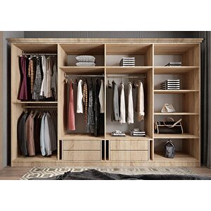 Foster Membran 8 Kapaklı 4 Çekmeceli Dolap Gardırop Montaj Dahil - Meşe Beyaz 320 Cm