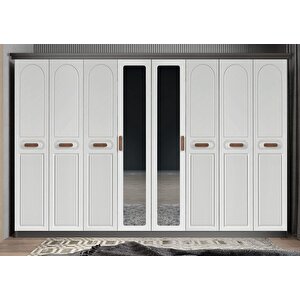 Falcon Membran 8 Kapaklı 4 Çekmeceli Dolap Gardırop Montaj Dahil - Füme Beyaz 320 Cm
