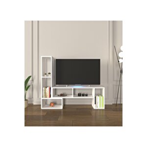 Çok Şekilli Fonksiyonel Tv Sehpası, Dekoratif Sehpa-kitaplık, Blok Tv Ünitesi, Beyaz Beyaz