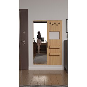 Gizli Boy Aynası, Dekoratif Vestiyer, Modern Askılık, Sürgülü Kapaklı Boy Aynası, Aynalı Vestiyer Çam