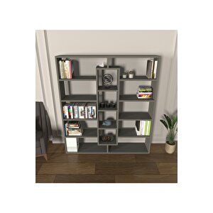 Kiola 14 Bölmeli Dekoratif Açık Tasarım Kitaplık Modern Kitaplık Antrasit Antrasit