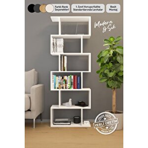 6 Raflı Kitaplık Dekoratif Raf Zigzag Kitaplık Beyaz