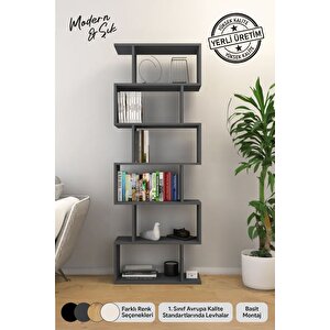 6 Raflı Kitaplık Dekoratif Raf Zigzag Kitaplık Antrasit Antrasit