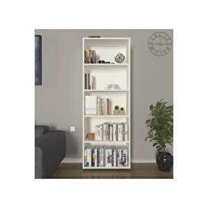 Modern 5 Raflı Kitaplık Dekoratif Kitaplık Beyaz Beyaz
