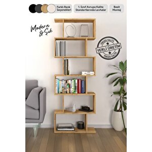 6 Raflı Kitaplık, Dekoratif Raf Zigzag Kitaplık, Labirent Dekor, Rivoli Çam