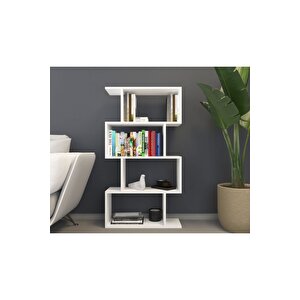4 Raflı Kitaplık, Dekoratif Raf Zigzag Kitaplık, Beyaz Renk Beyaz