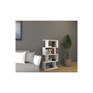 4 Raflı Kitaplık, Dekoratif Raf Zigzag Kitaplık, Beyaz Renk Beyaz
