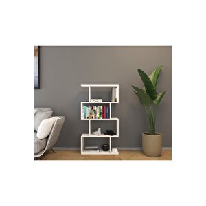 4 Raflı Kitaplık, Dekoratif Raf Zigzag Kitaplık, Beyaz Renk