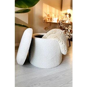 Teddy Xl Puf - El Yapımı Pofuduk Ekru Sandıklı Silindir Puf - Çok Amaçlı Dekoratif Bench