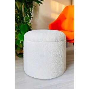 Teddy Xl Puf - El Yapımı Pofuduk Ekru Sandıklı Silindir Puf - Çok Amaçlı Dekoratif Bench