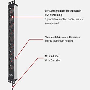 Alu-line Serisi 19" Server Kasası Uyumlu Uzatma Kablosu 9 Soketli 2 Metre Kablolu 5 Yıl Garantili Grup Priz