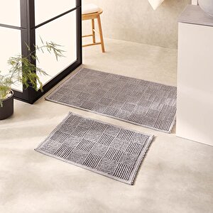 2'li Yıkanabilir Pamuklu Gri Renk Dama Desen Paspas 1 Adet 40 X 60 / 60 X 90 Cm