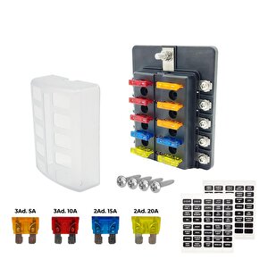 Araba Karavan Tekne Marin 10'lu Led İkaz Işıklı Bıçak Tipi Sigorta Kutusu 10 Ad. Sigortalı (10 Yollu Ato/atc Bıçak Sigorta Bloğu)
