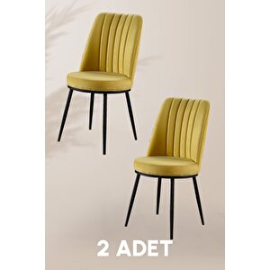 Gold Sandalye - Sarı - Metal Siyah Ayak ( 2 Adet ) - Salon Sandalyesi / Mutfak Sandalyesi