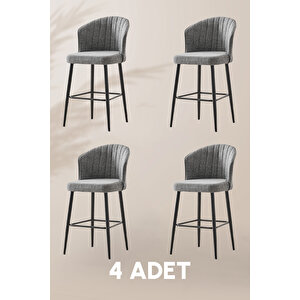 Rubi Bar Sandalye - Keten Gri - Siyah Metal Ayak (4 Adet) Gri
