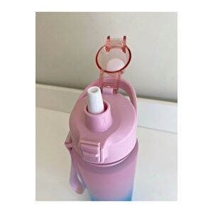 1000 Ml Tritan Motivasyonlu Su Matarası Süzgeçli Ve Pipetli (pembe-turkuaz Mavi̇)