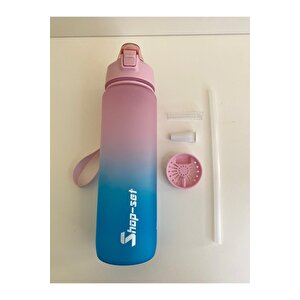 1000 Ml Tritan Motivasyonlu Su Matarası Süzgeçli Ve Pipetli (pembe-turkuaz Mavi̇)