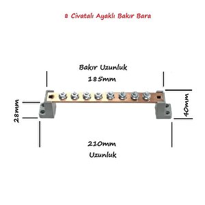 Faz Nötr Toprak Barası 20x4 mm Bakır 8 Civatalı Yanmaz Plastik Ayaklı Bakır Bara 250 Amper AC / DC 5-600 Volt