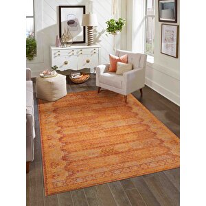 Antik 1115 Klasik Vintage Salon Halısı Turuncu Retro Mutfak Halısı Tozumaz İnce Makine Halısı 80x300 cm