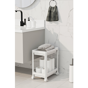 2 Katlı Tekerlekli Tezgah Altı Beyaz Banyo Mutfak Rafı Mit1119