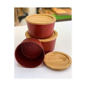 Bambu Kapaklı Granit Saklama Kabı Seti 12/14/16cm Kırmızı