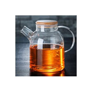 1500 Ml Bambu Kapaklı Isıya Dayanıklı Cam Bitki Çayı Demliği Cam Sürahi
