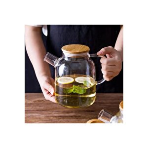 1500 Ml Bambu Kapaklı Isıya Dayanıklı Cam Bitki Çayı Demliği Cam Sürahi